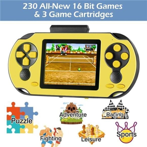 16 Bit Handheld 230 Games Console System Kids Adults Large Screen HD YELLOW NEW - Picture 1 of 6